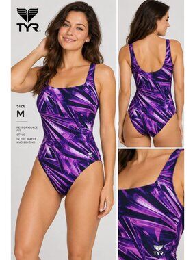 TYR one-piece athletic swimsuit in a vibrant purple and black abstract palm leaf
